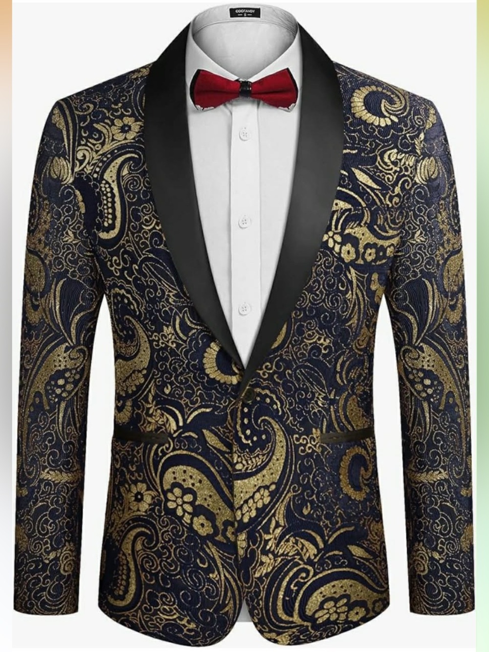 COOFANDY Navy & Gold Paisley Evening Blazer with Black Satin Lapels